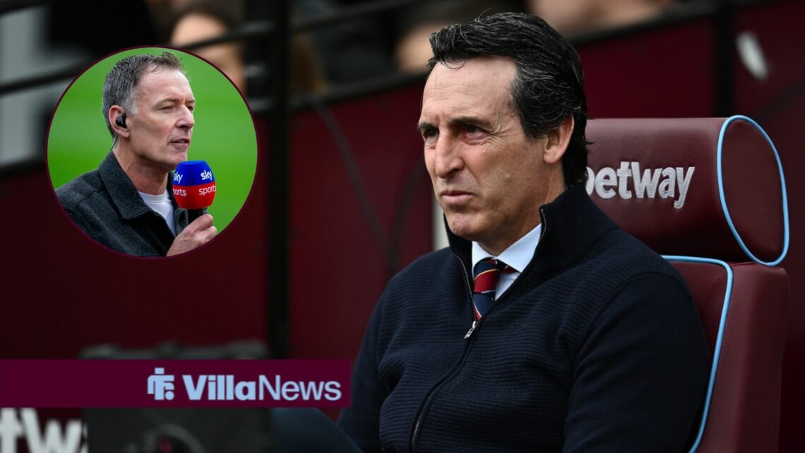 Aston Villa manager Unai Emery sits in the dugout with a concerned expression, as Sky Sports pundit Chris Sutton stands in a circular inset.