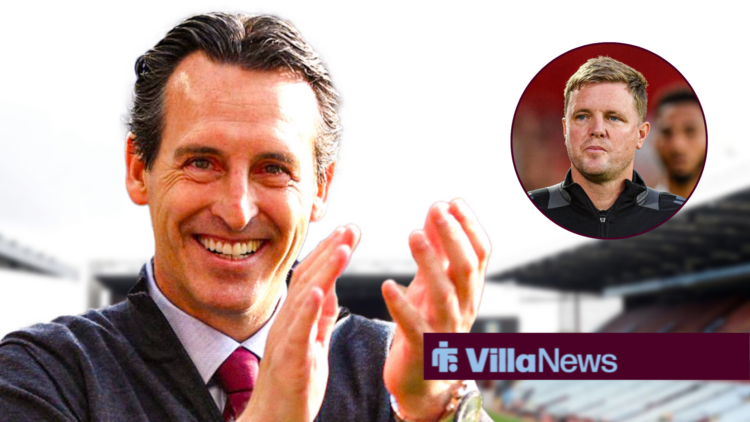 Unai Emery looking delighted with frustrated Eddie Howe in circular inset