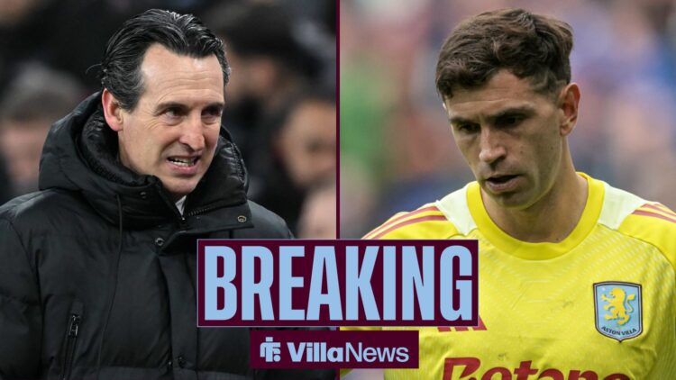 Breaking news as Aston Villa manager Unai Emery stares across a split image towards Emi Martinez, who glances at teh floor while in action during a...