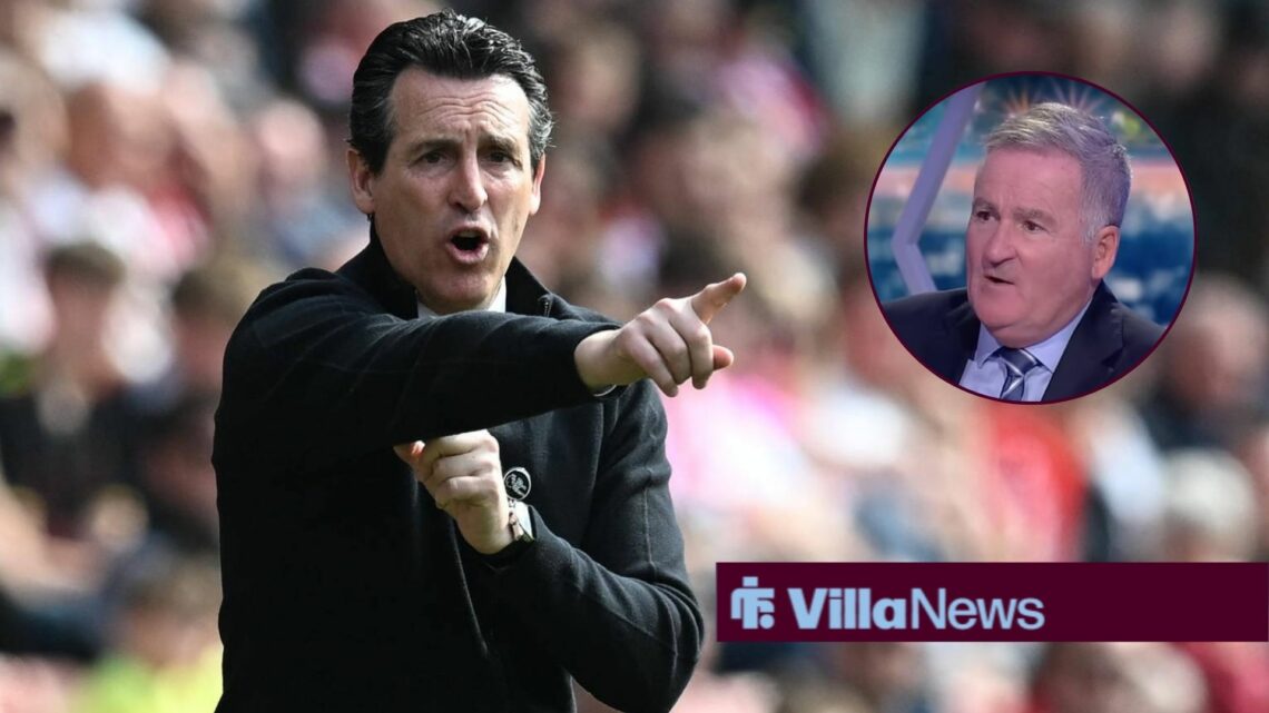 Aston Villa manager Unai Emery points in the direction of a circular inset on the right of the image, where Richard Keys watches on.