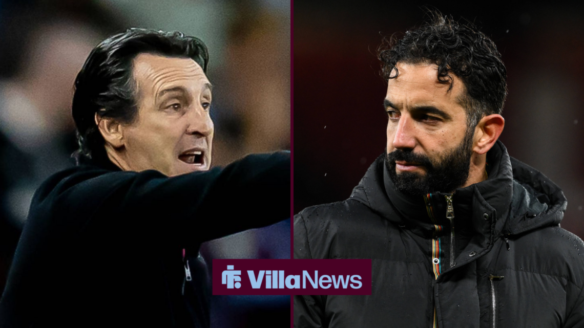 An image of Unai Emery managing Aston Villa, next to an image of Ruben Amorim looking unhappy