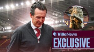 Villa News exclusive as Aston Villa manager Unai Emery stares at the ground, with the lion outside the Holte End in a circular inset.