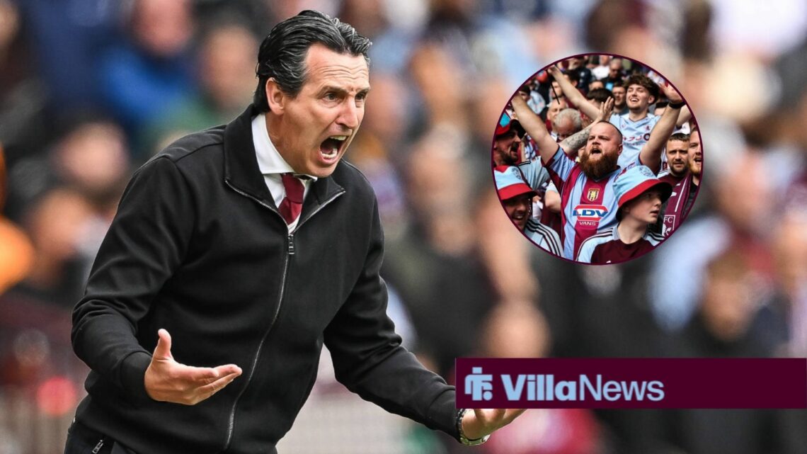 Unai Emery with Villa fans in right circular inset