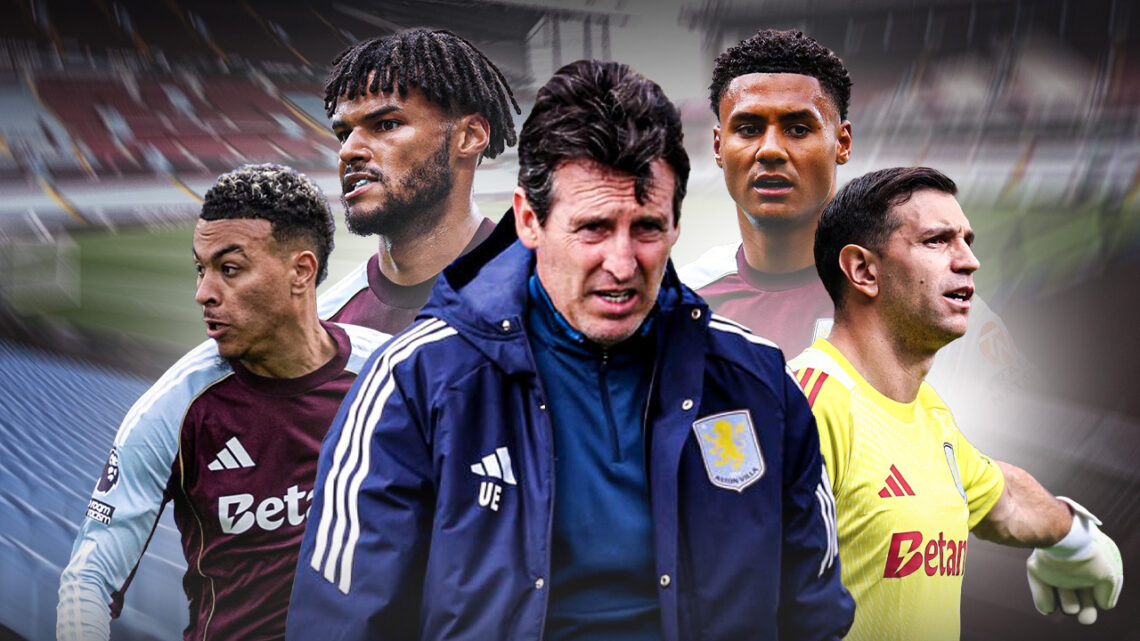 Aston Villa manager Unai Emery with Emi Martinez, Morgan Rogers, Ollie Watkins and Tyrone Mings