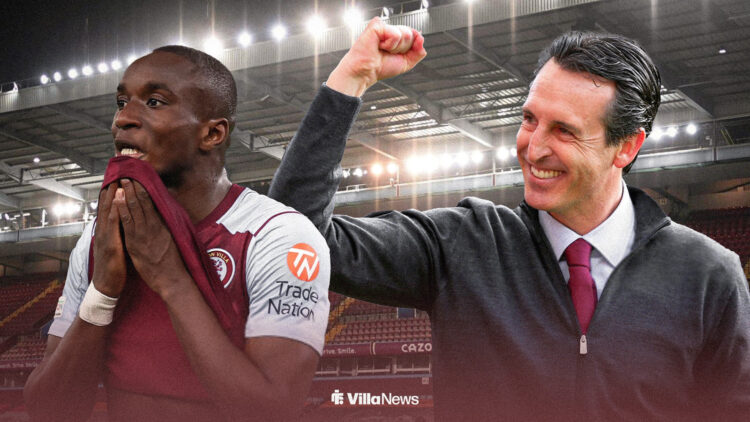 Former Aston Villa winger Moussa Diaby with Unai Emery celebrating