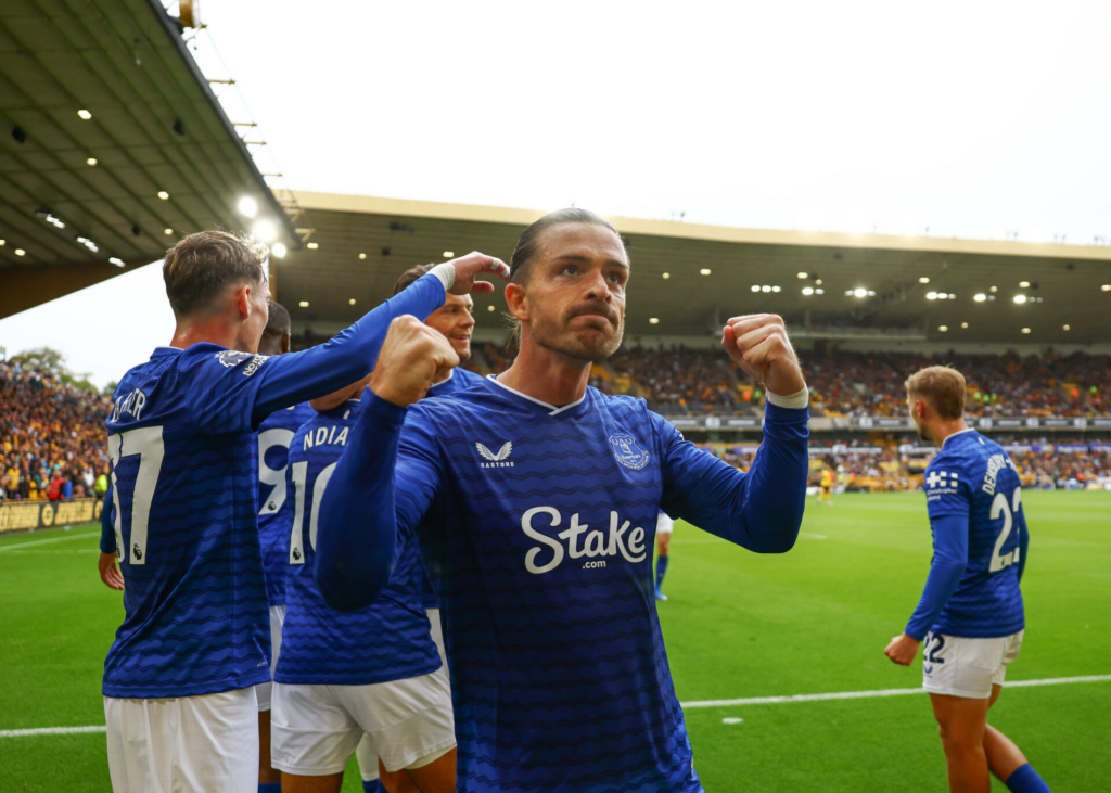 Jack Grealish celebrating after Everton scored a goal against Wolves