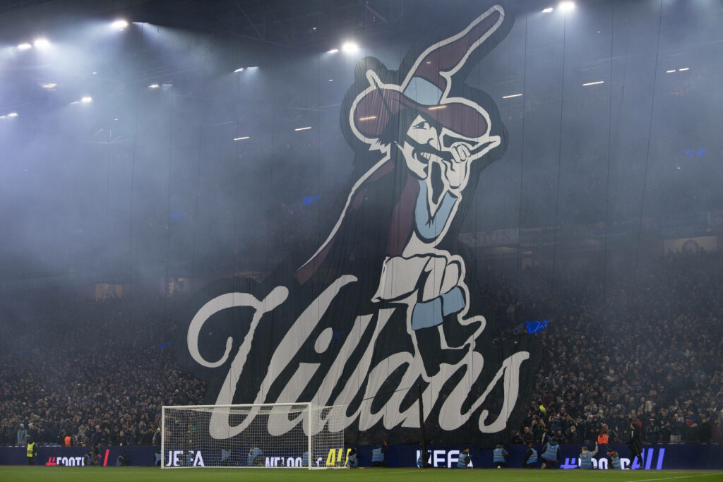Tifo of the Aston Villa Villan hanging from the Holte End at Villa Park