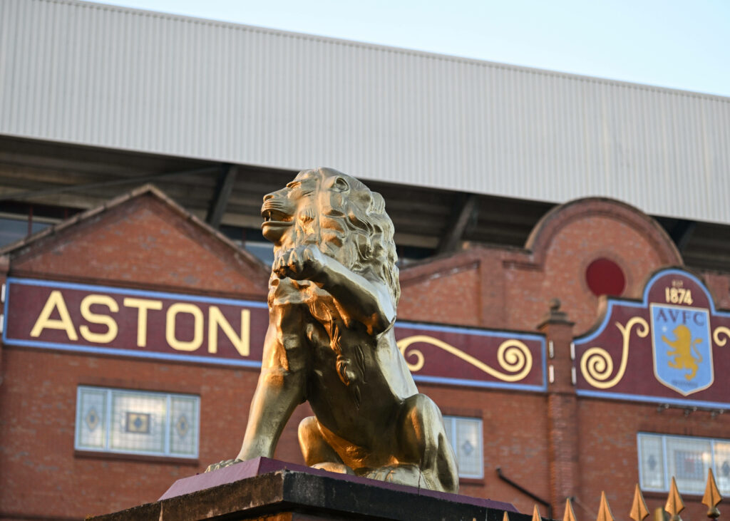 Aston Villa lion statue standing outside the Holte End at Villa Park