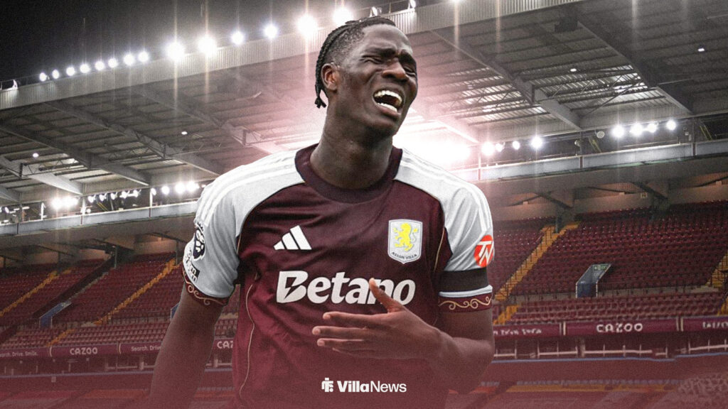 Amadou Onana looking frustrated playing for Aston Villa at Villa Park