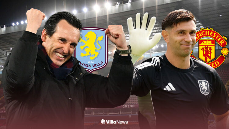 Unai Emery celebrating looking towards Emi Martinez waving with Aston Villa and Manchester United badges behind them