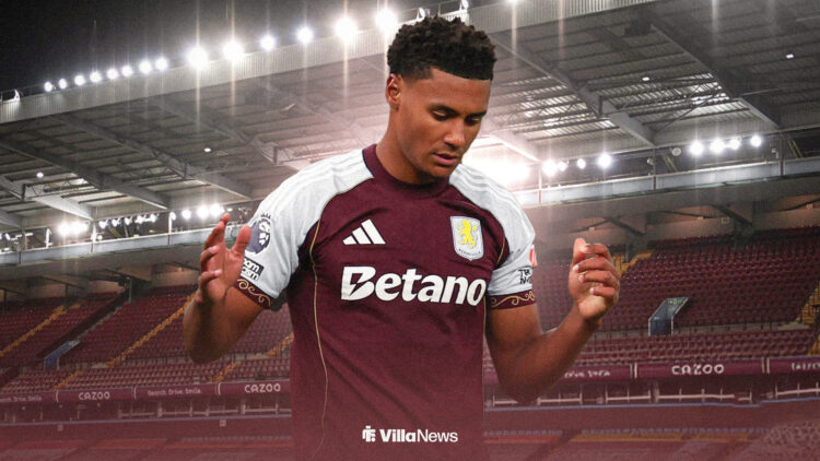 Ollie Watkins looking frustrated in an Aston Villa shirt at Villa Park