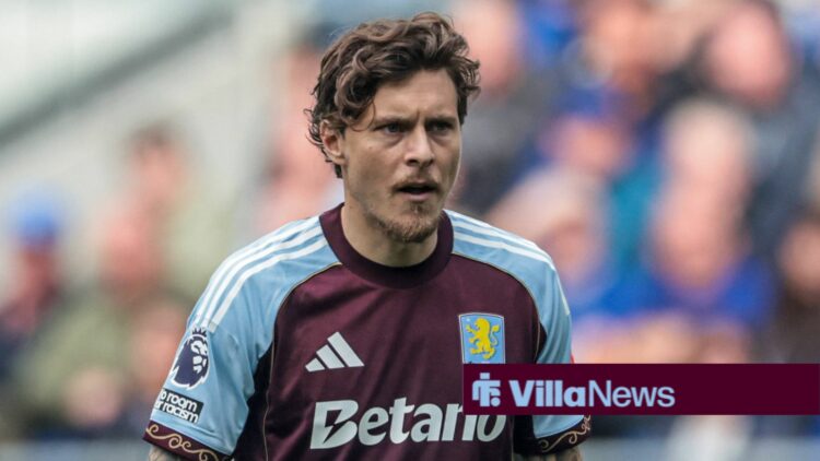 Victor Lindelof looking focused playing for Aston Villa