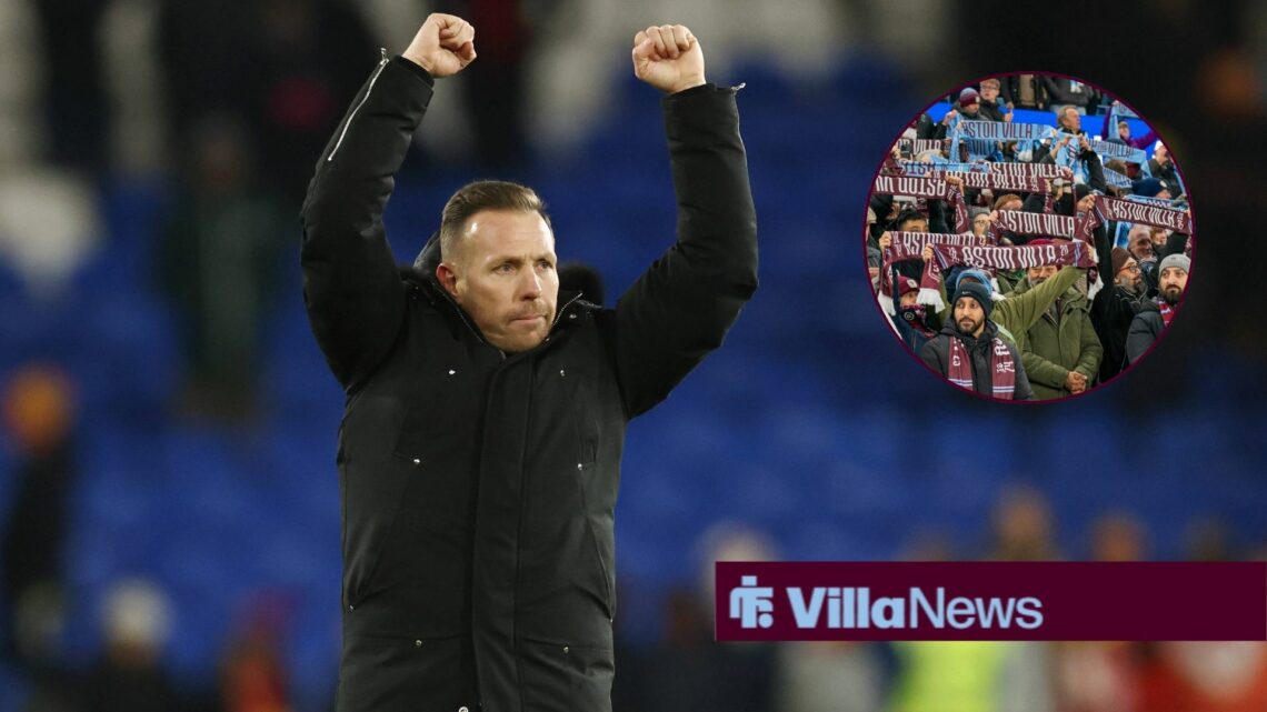 Craig Bellamy with hands raised and Aston Villa fans in circle