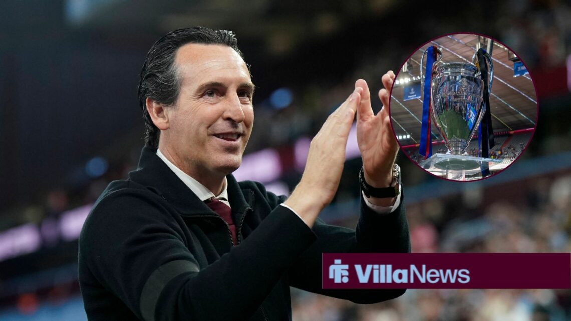 Unai Emery clapping with Champions League trohpy in circle