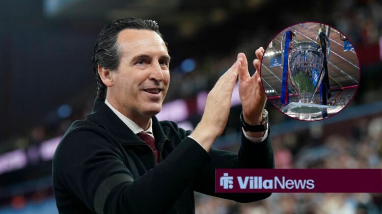 Unai Emery clapping with Champions League trohpy in circle