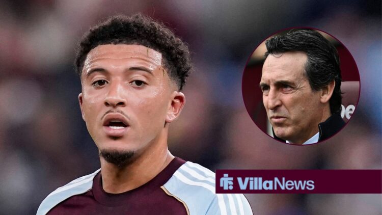 Aston Villa winger Jadon Sancho with Unai Emery inset