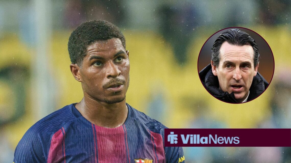 Barcelona winger Marcus Rashford with Aston Villa manager Unai Emery inset