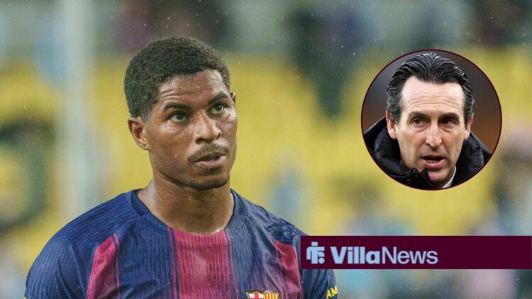 Barcelona winger Marcus Rashford with Aston Villa manager Unai Emery inset
