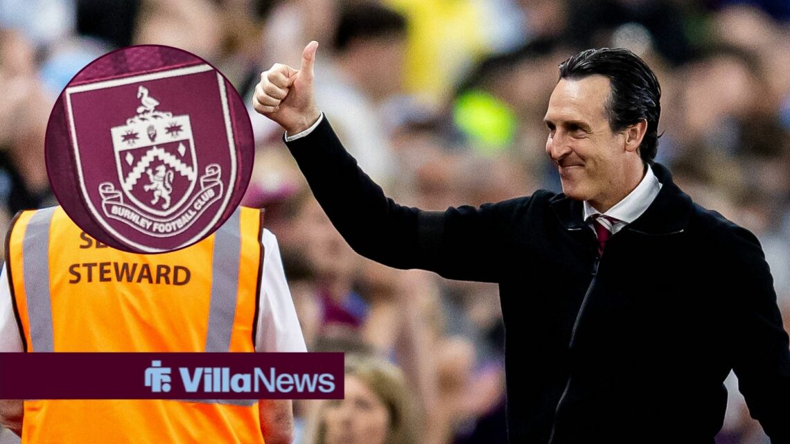 Unai Emery smiles with Burnley badge in circle inset