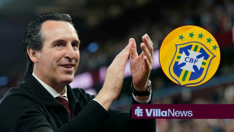 Aston Villa manager Unai Emery claps with Brazil federation badge inset
