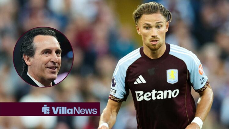 Aston Villa defender Matty Cash with Unai Emery smiling inset