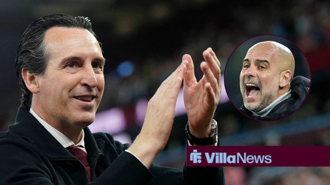 Aston Villa manager Unai Emery claps with Manchester City manager Pep Guardiola shouts inset