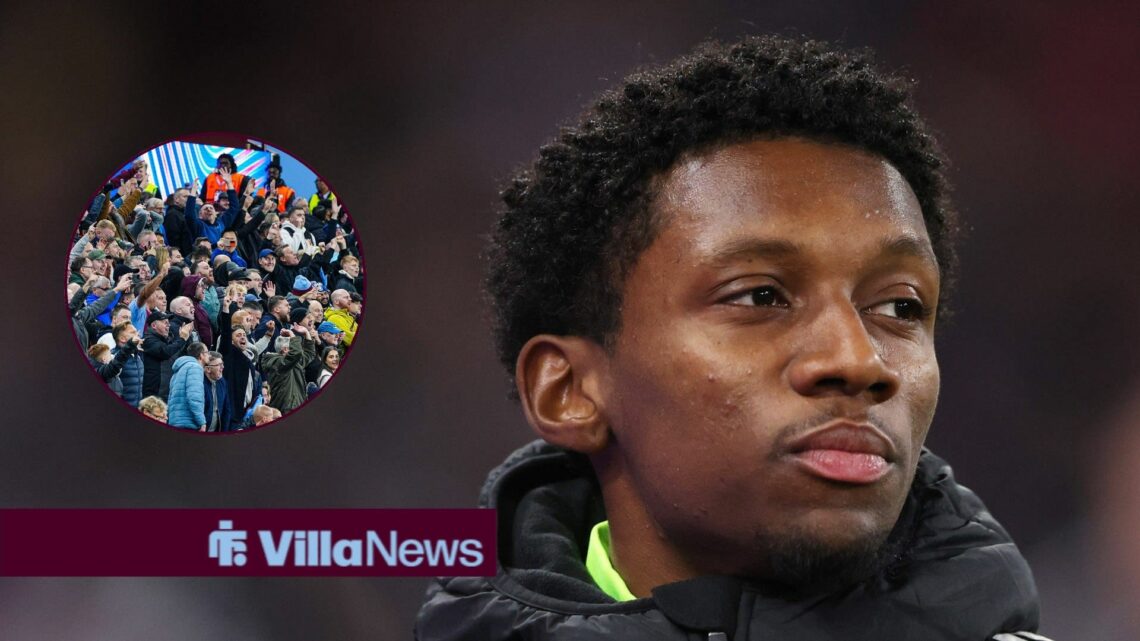 Ipswich Town winger Jaden Philogene with Aston Villa fans inset