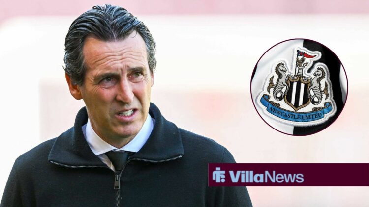 Aston Villa manager Unai Emery, Newcastle badge inset