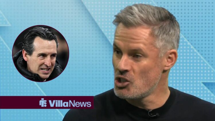Sky Sports pundit Jamie Carragher with Aston Villa manager Unai Emery looks annoyed inset