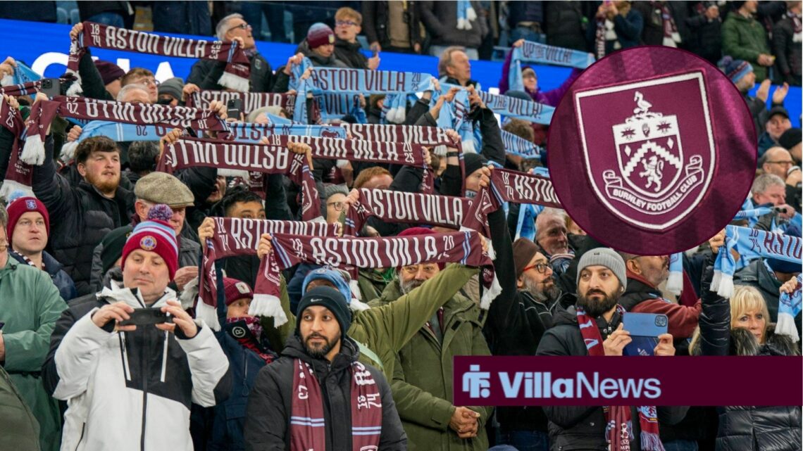 Aston Villa fans holding their scarves up at Villa Park with Burnley badge in circ;le inset
