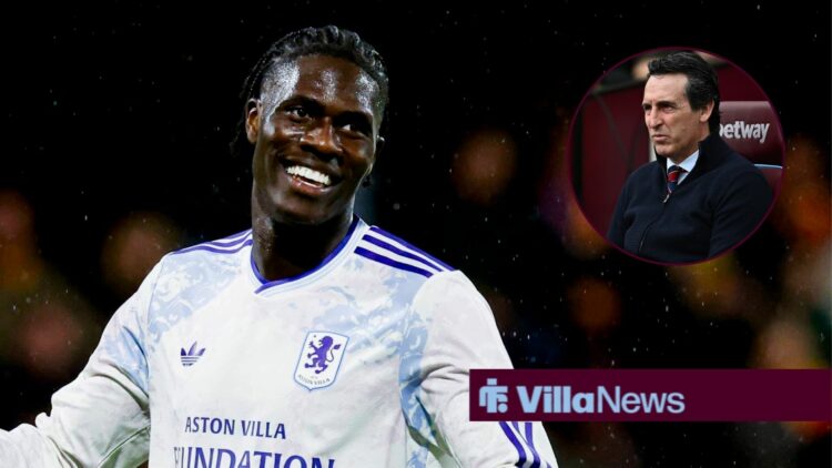 Amadou Onana alongside a circle inset of Unai Emery.