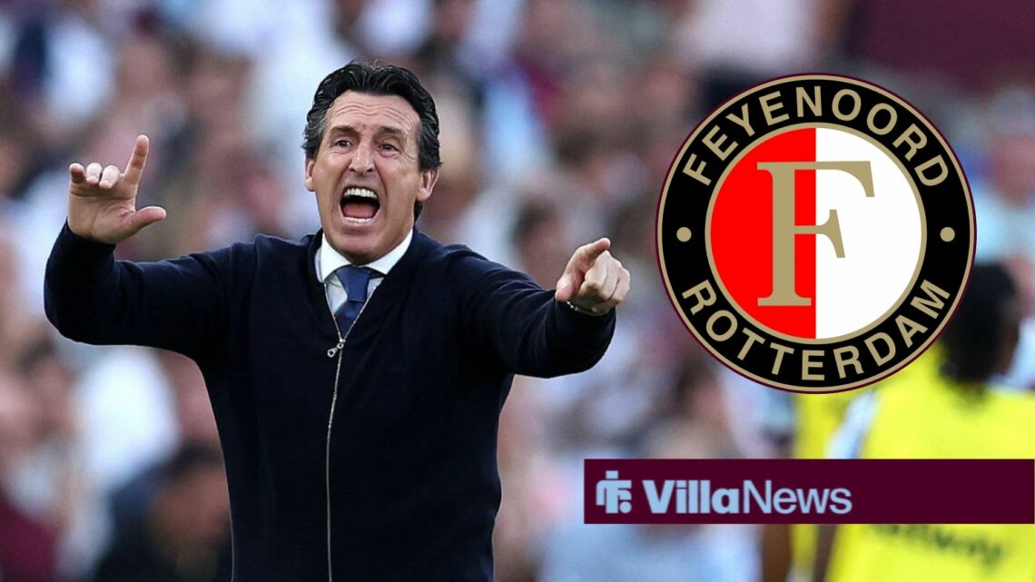 Aston Villa manager Unai Emery shouts with Feyenoord badge inset