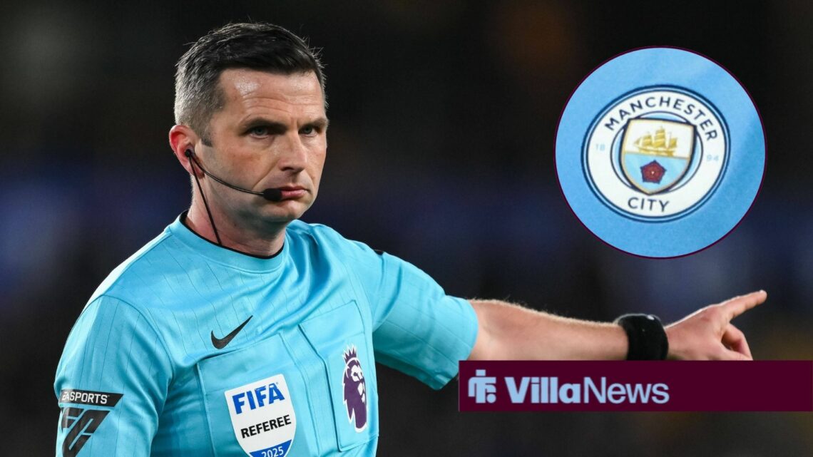 Michael Oliver looking towards the Manchester City badge in a circle inset