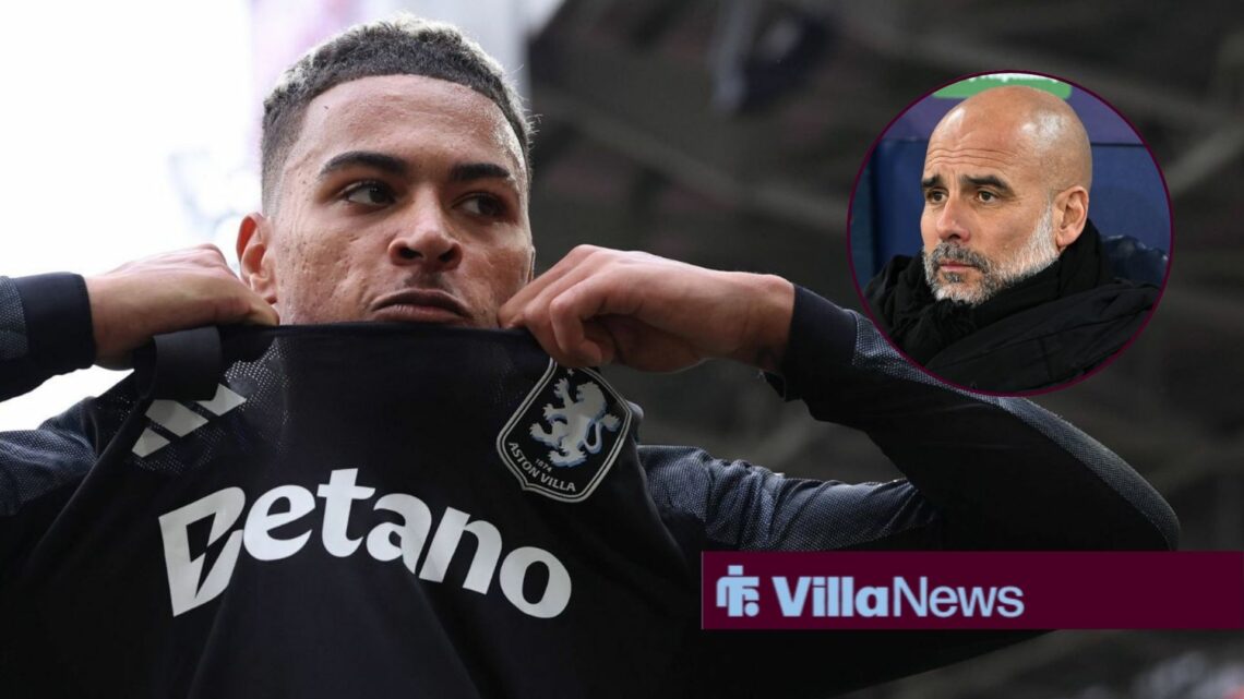 Morgan Rogers looking frustrated for Aston Villa looking towards an annoyed Pep Guardiola