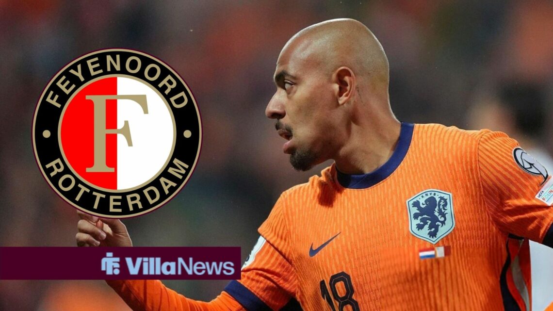 Aston Villa forward Donyell Malen playing for the Netherlands with Feyenoord inset