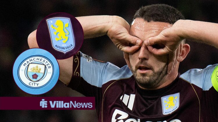John McGinn doing his trademark celebration alongside circle insets of the Aston Villa badge and Manchester City badge