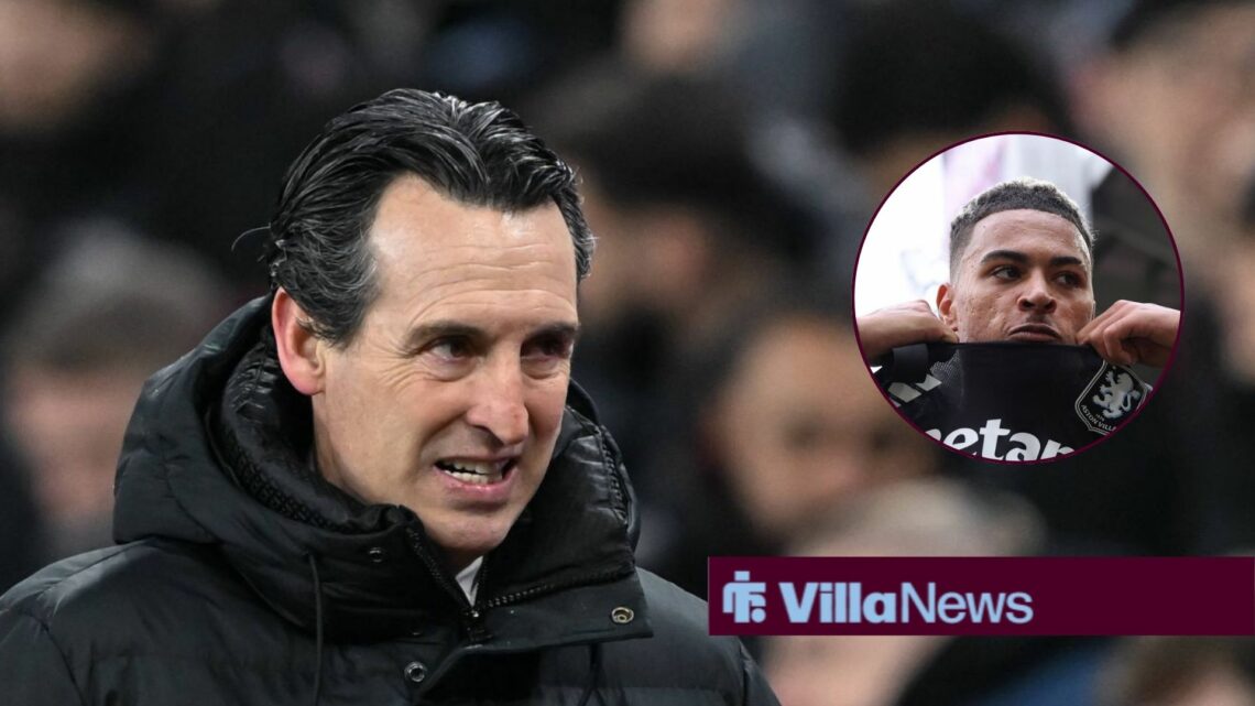 Aston Villa manager Unai Emery looks concerned with Morgan Rogers pulling his shirt up inset
