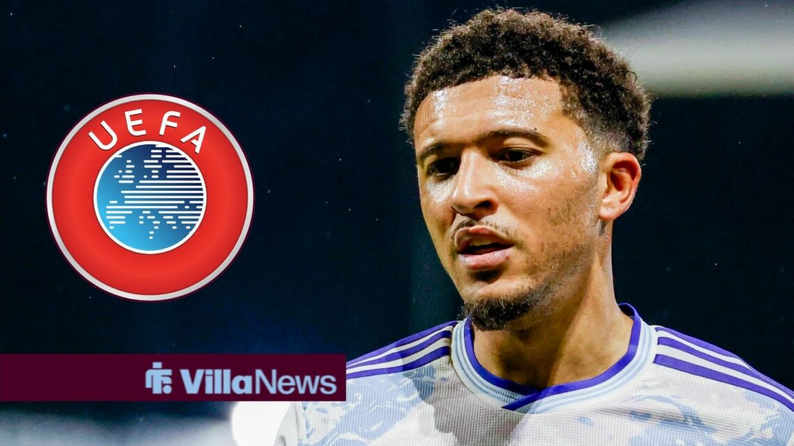Aston Villa winger Jadon Sancho with UEFA logo inset