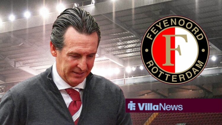 Aston Villa manager Unai Emery looks in dismay with Feyenoord inset
