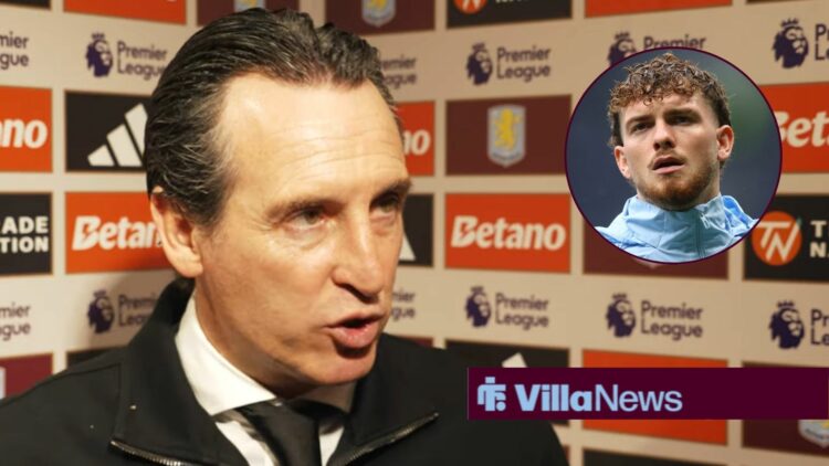 Unai Emery speaking to the media looking towards Harvey Elliott in a circle inset