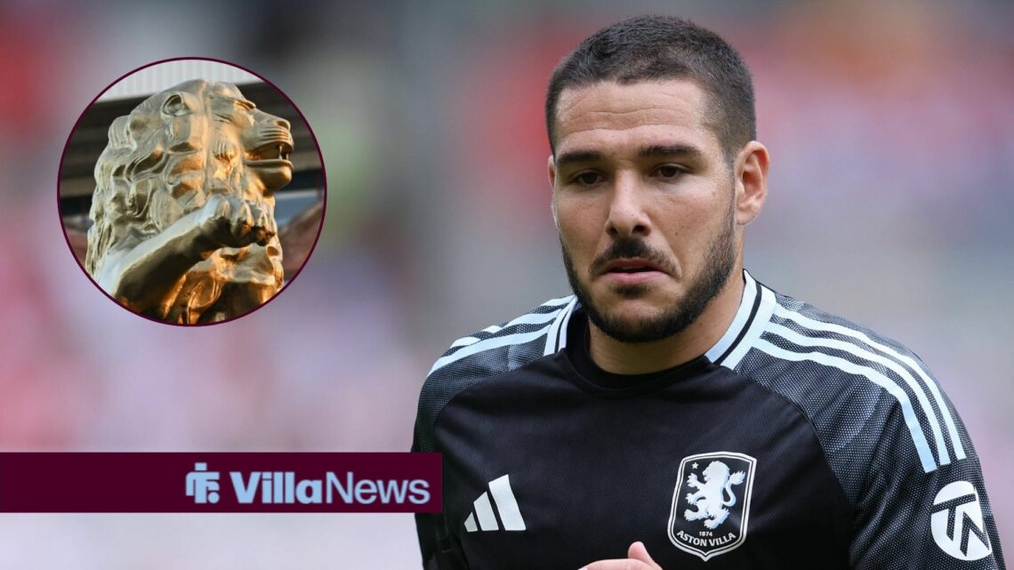 Emi Buendia concentrating looking towards a Villa Park lion in a circle inset