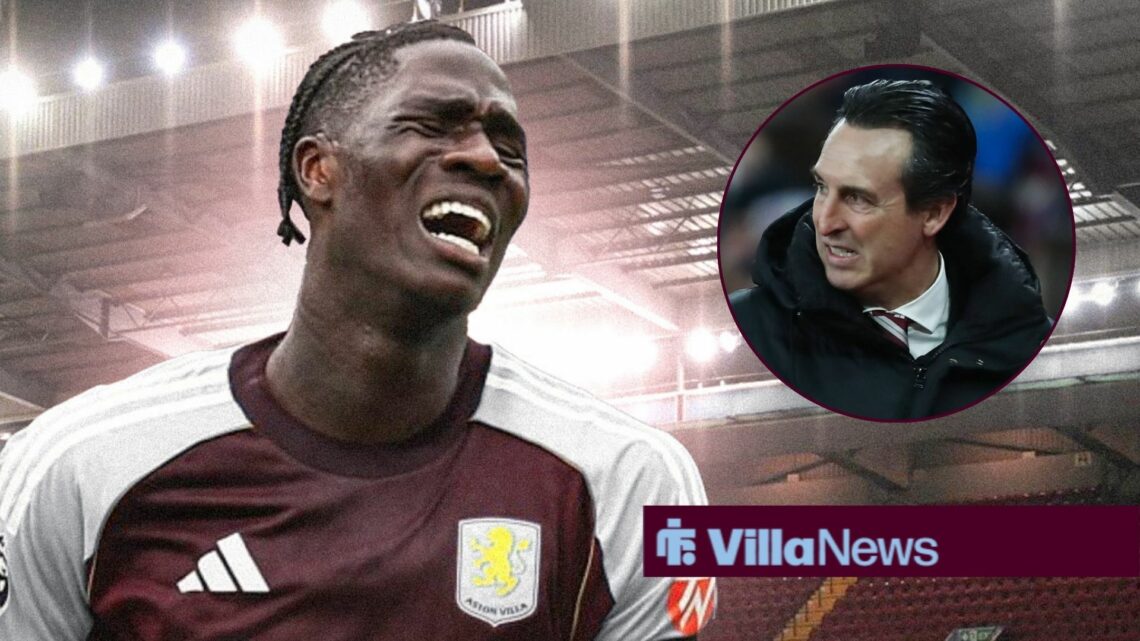 Amadou Onana looking disappointed at Villa Park alongside a circle inset of Unai Emery looking angry