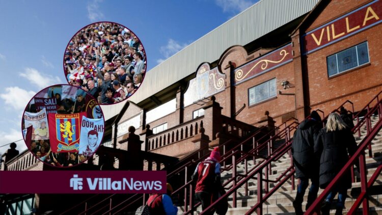 Fans walking up the Holte End steps of Villa Park next to circle insets of fans at Villa Park