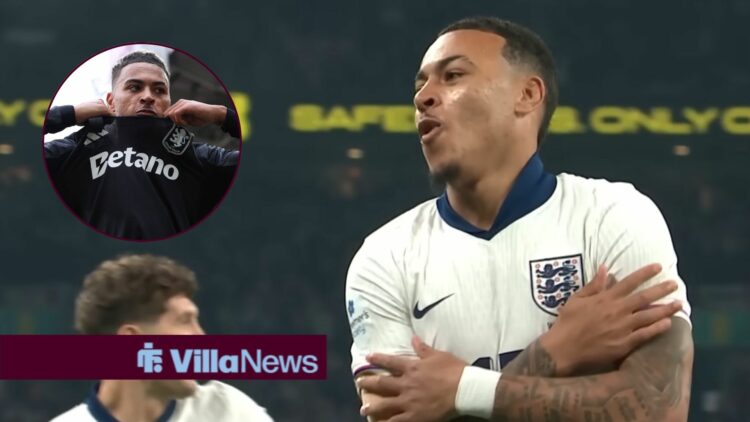 Morgan Rogers happy celebrating for England looking towards a frustrated Morgan Rogers at Aston Villa