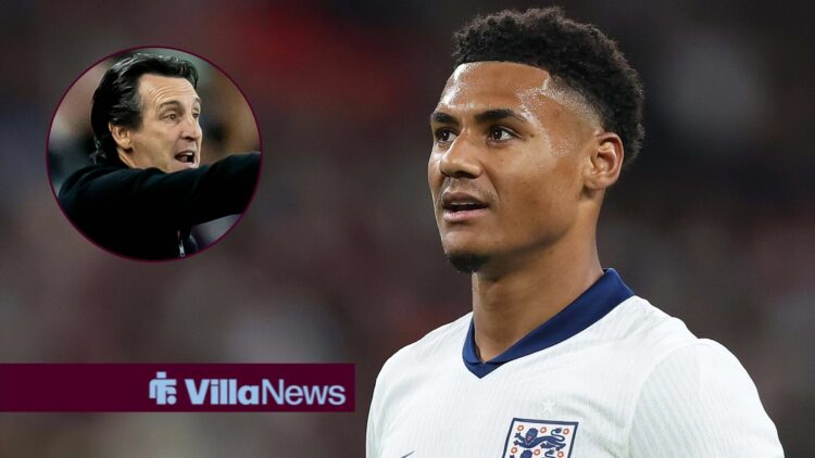 Ollie Watkins playing for England looking concentrated towards Unai Emery in a circle inset