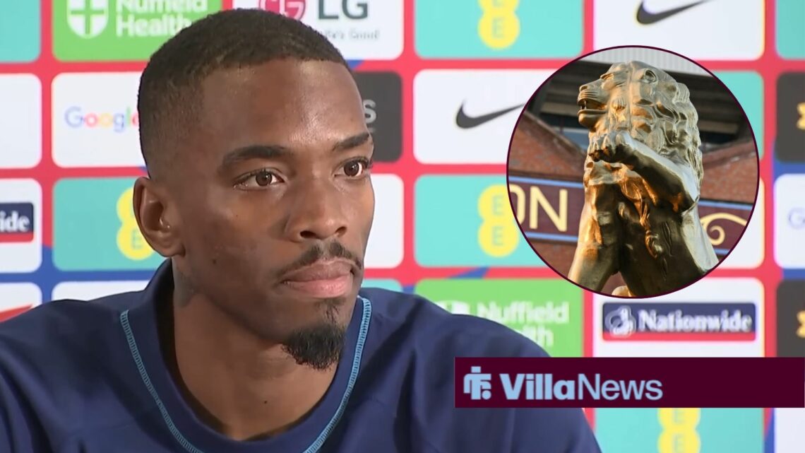 Ivan Toney in an England press conference looking towards an Aston Villa lion at Villa Park in a circle inset