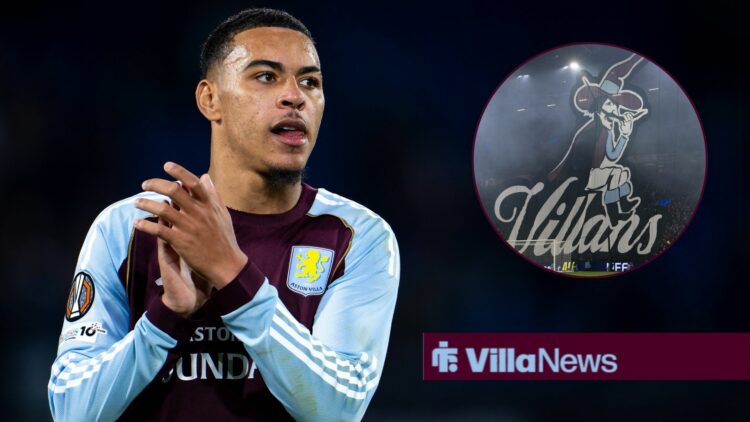 Morgan Rogers clapping towards a circle inset of the Villa Villan at Villa Park