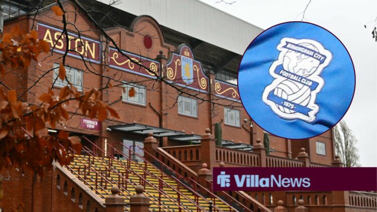 The Holte End at Villa Park alongside a Birmingham City badge in a circle inset