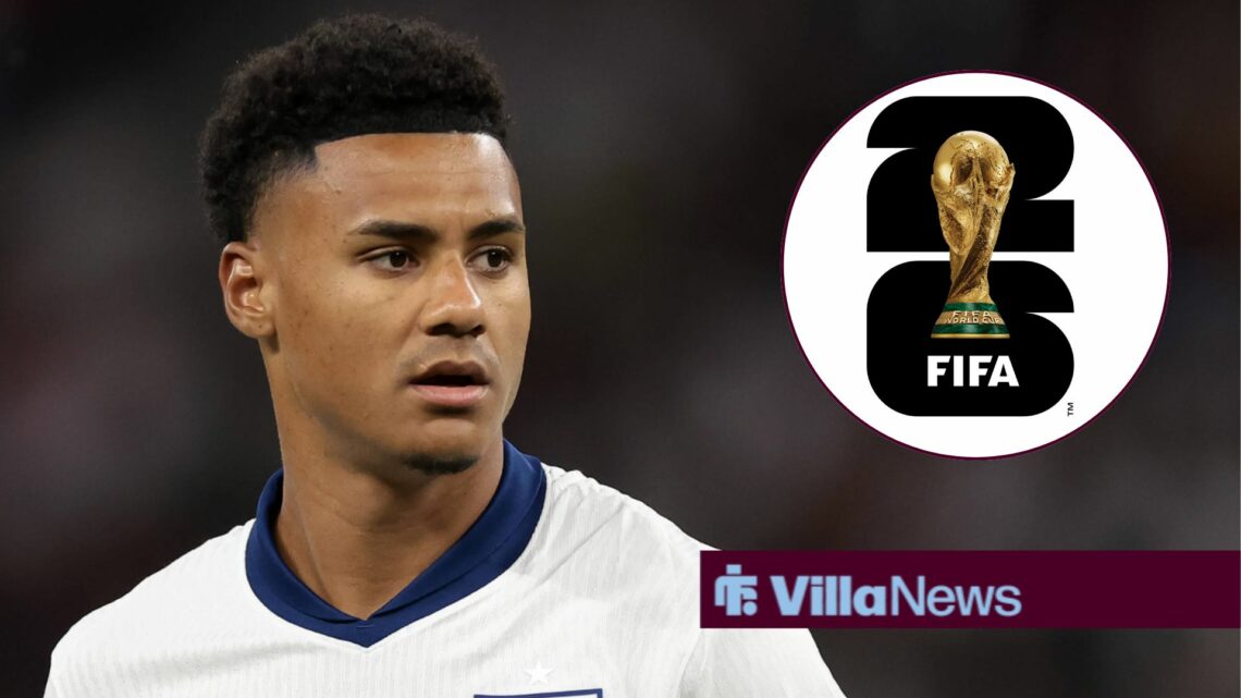 Ollie Watkins playing for England looking towards the 2026 World Cup logo in a circle inset