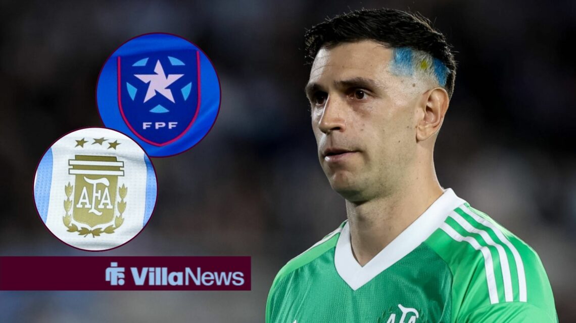Emi Martinez looking concerned towards circle insets of the Argentina badge and the Puerto Rico badge